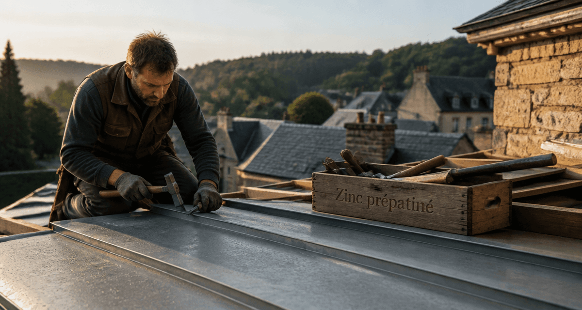 artisan posant du zinc prépatiné sur toiture