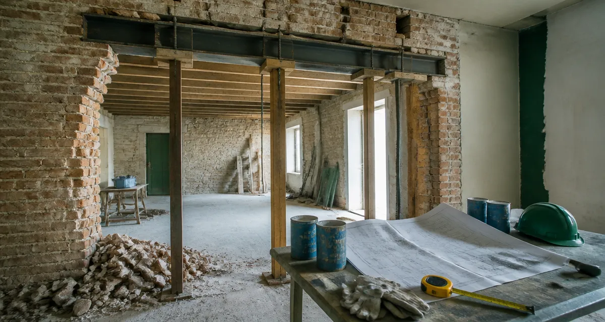 Agrandir fenetre : ouverture élargie avec IPN, linteau et étais, chantier de rénovation