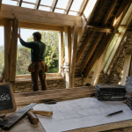Artisan installe chien assis maison en bois
