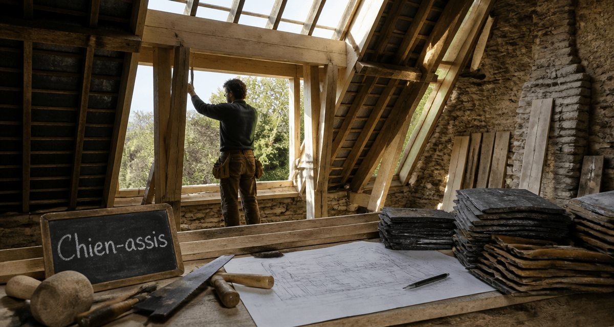 Artisan installe chien assis maison en bois