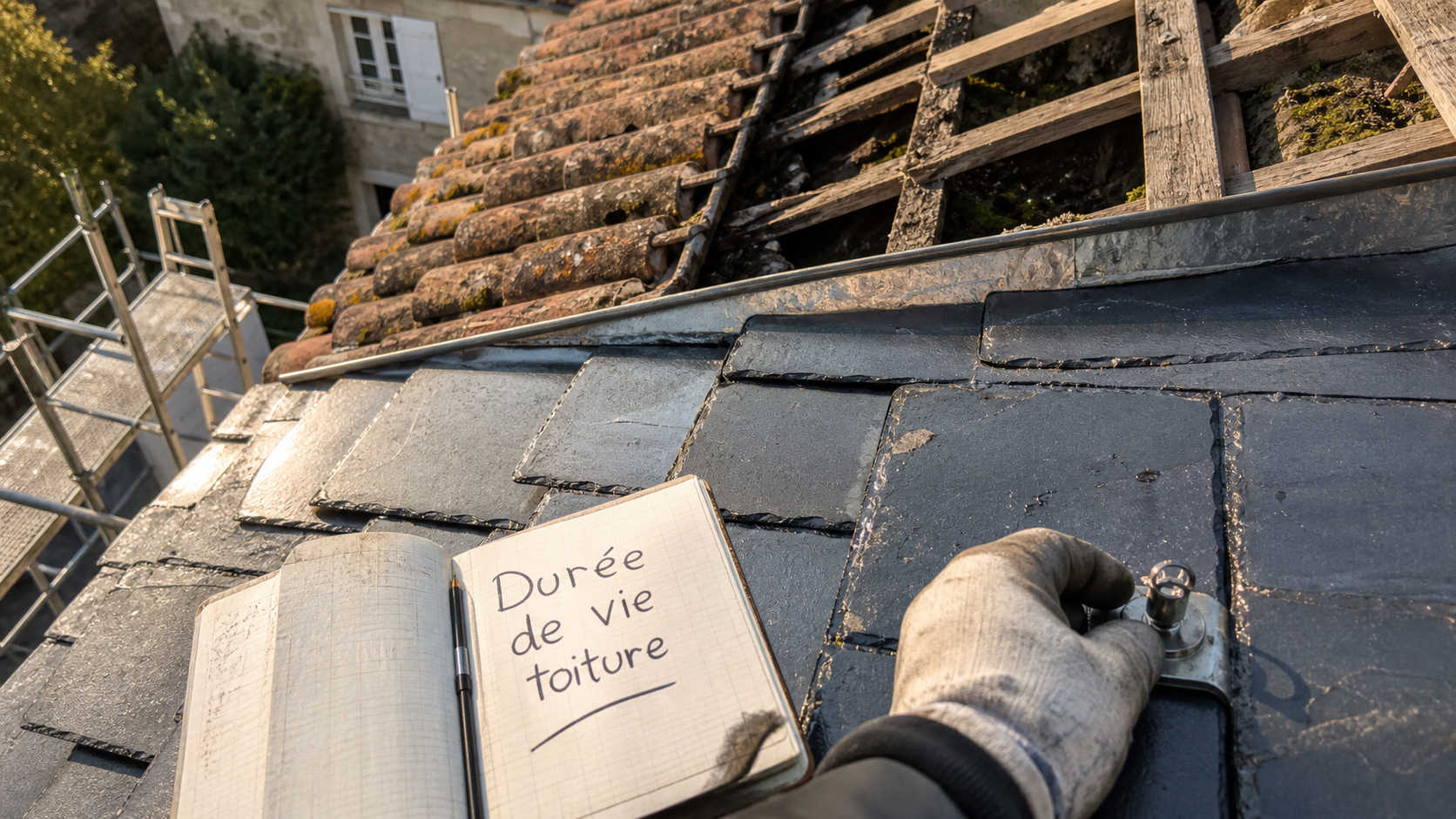 Durée de vie toiture : inspection ardoise et tuiles avec gouttière zinc sur toit