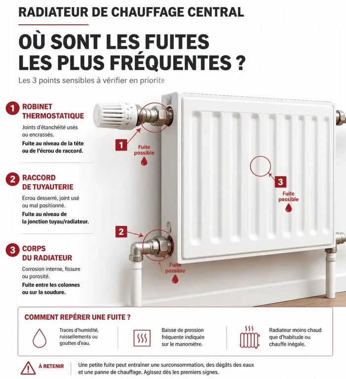 Schéma des points de fuite radiateur : robinet, raccord et corps du radiateur