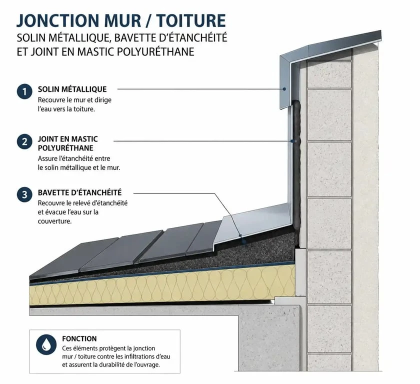 Schéma technique de l'étanchéité d'un toit contre un mur avec solin et mastic