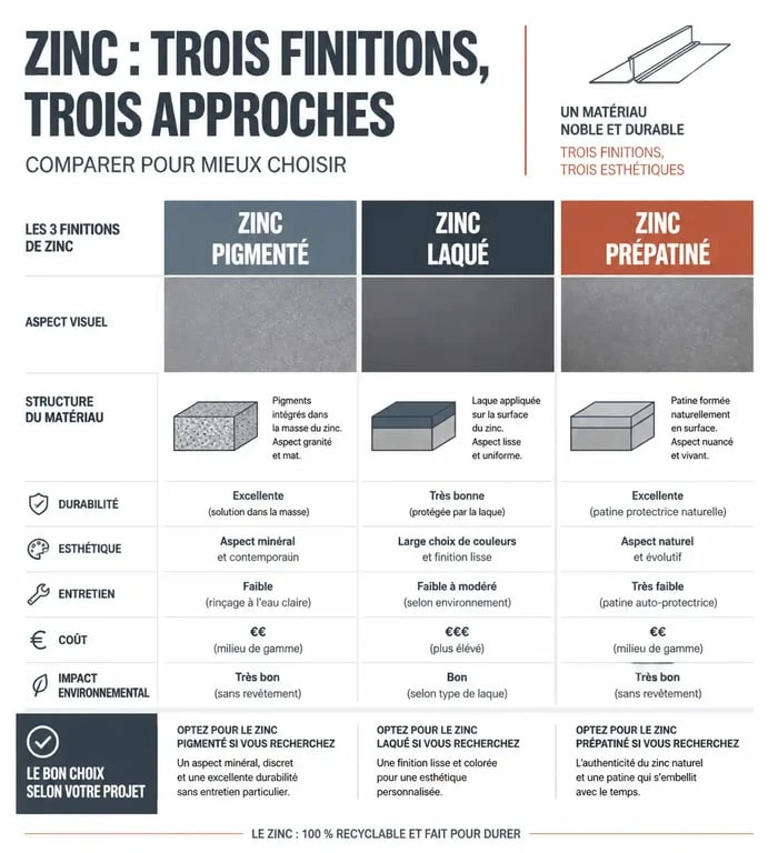 Comparatif visuel des finitions de couleur zinc pour l'architecture
