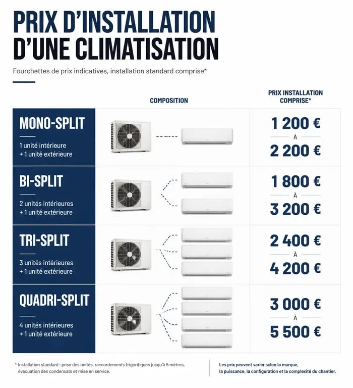 Graphique des tarifs moyens pour un devis de pose de climatisation selon le type d'installation