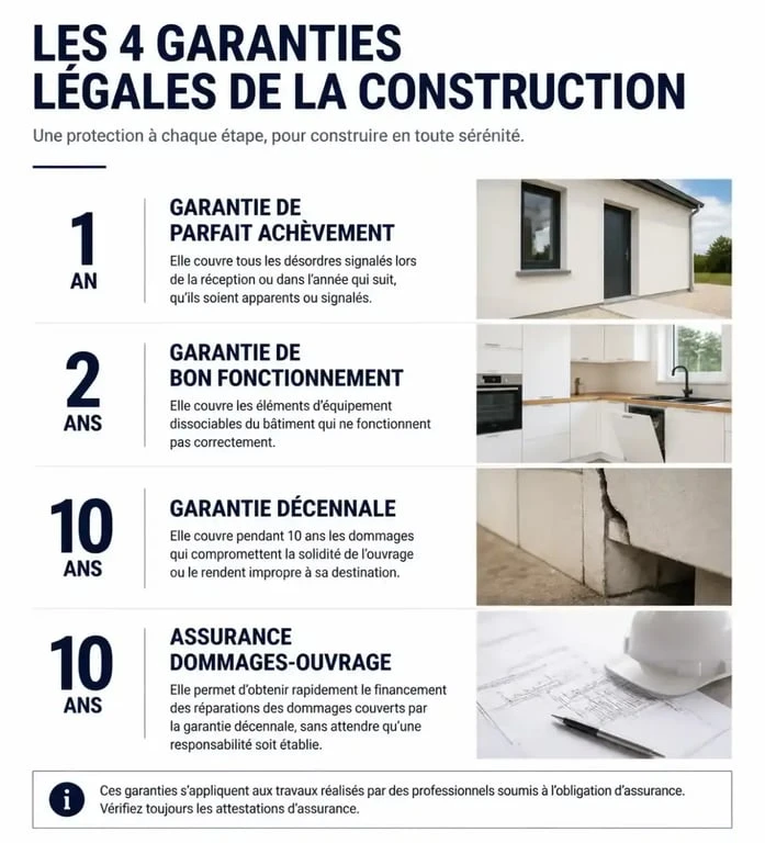 Infographie des garanties légales pour les malfaçons chez Les Nouveaux Constructeurs et autres promoteurs