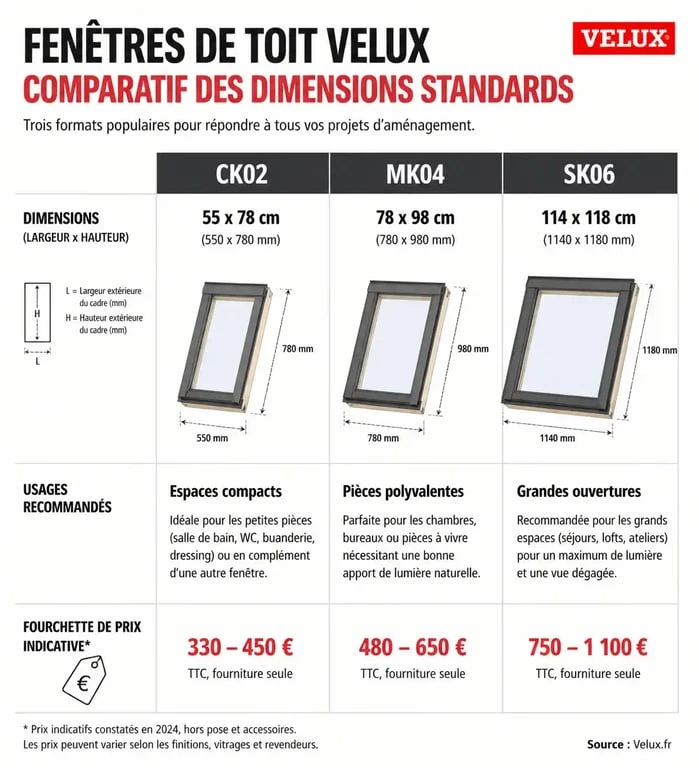 Tableau comparatif des dimensions et prix des fenêtres de toit Velux