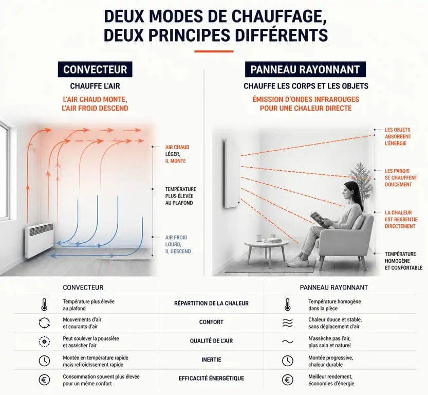 Schéma comparatif du fonctionnement d'un panneau rayonnant par rapport à un convecteur classique