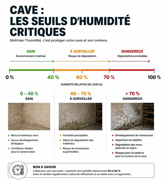Infographie des seuils d'humidité et dangers d'une cave humide