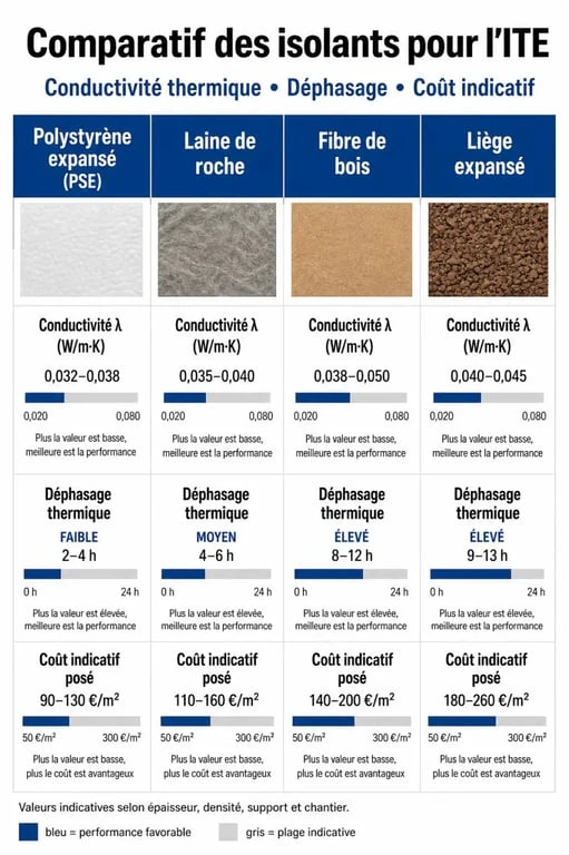 Comparatif des meilleurs isolants pour l'isolation thermique par l'extérieur (ITE) : polystyrène, laine de roche, fibre de bois et liège.