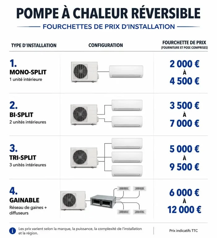 Tableau comparatif des prix d'installation d'une pompe à chaleur clim réversible selon le type de système.
