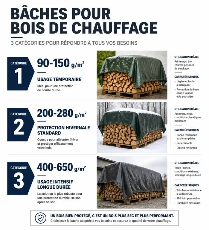Comparatif des grammages de bâche pour bois de chauffage : choisir la bonne protection selon la durée de stockage