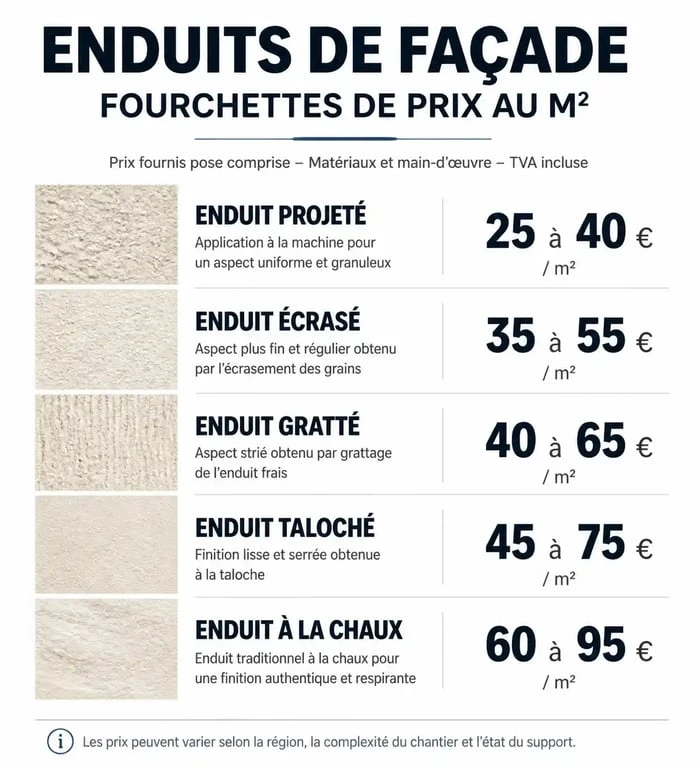 Tableau récapitulatif des prix de l'enduit au m2 selon la finition pour vos travaux de façade