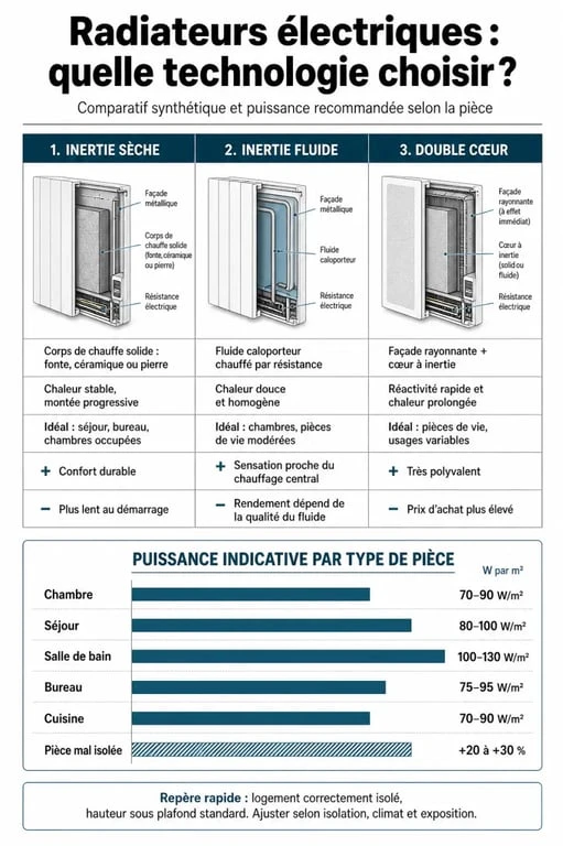 Tableau comparatif des technologies pour choisir le meilleur radiateur electrique selon la pièce et l'isolation