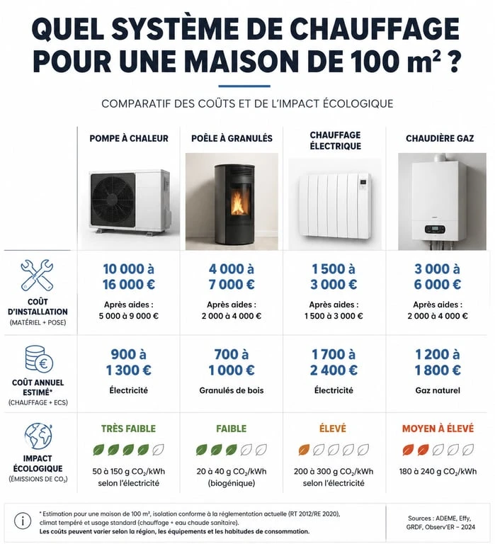Comparatif des solutions de chauffage pour une maison de 100m2 : coûts et rendements