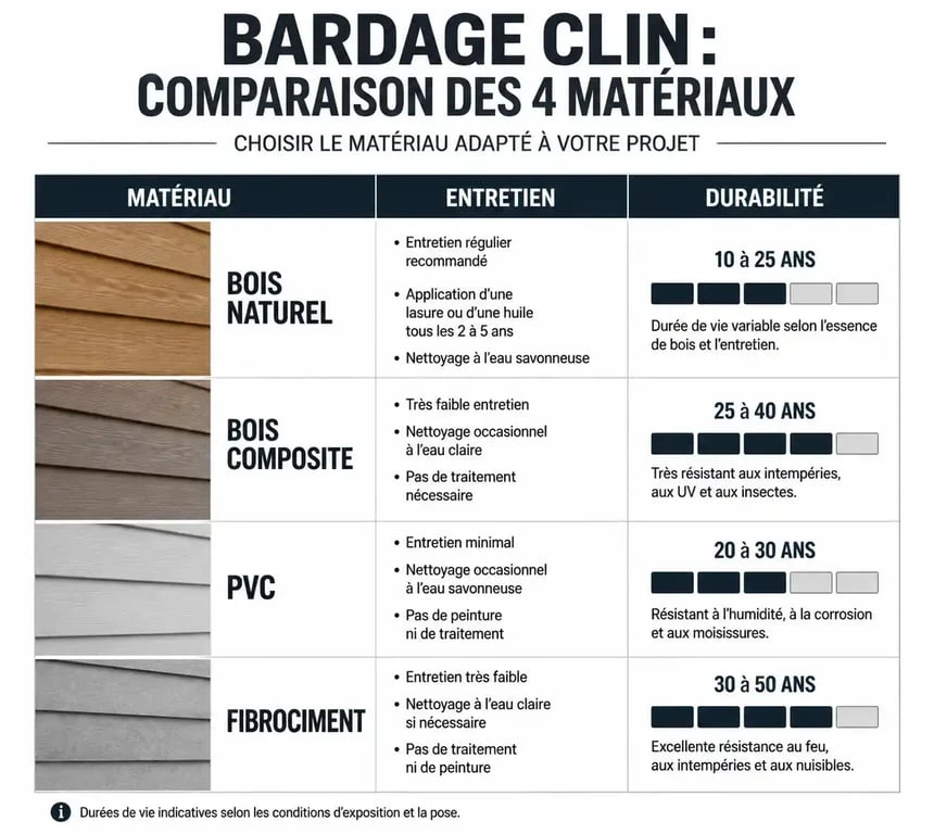 Tableau comparatif des matériaux pour bardage clin : bois naturel, composite, PVC et fibrociment