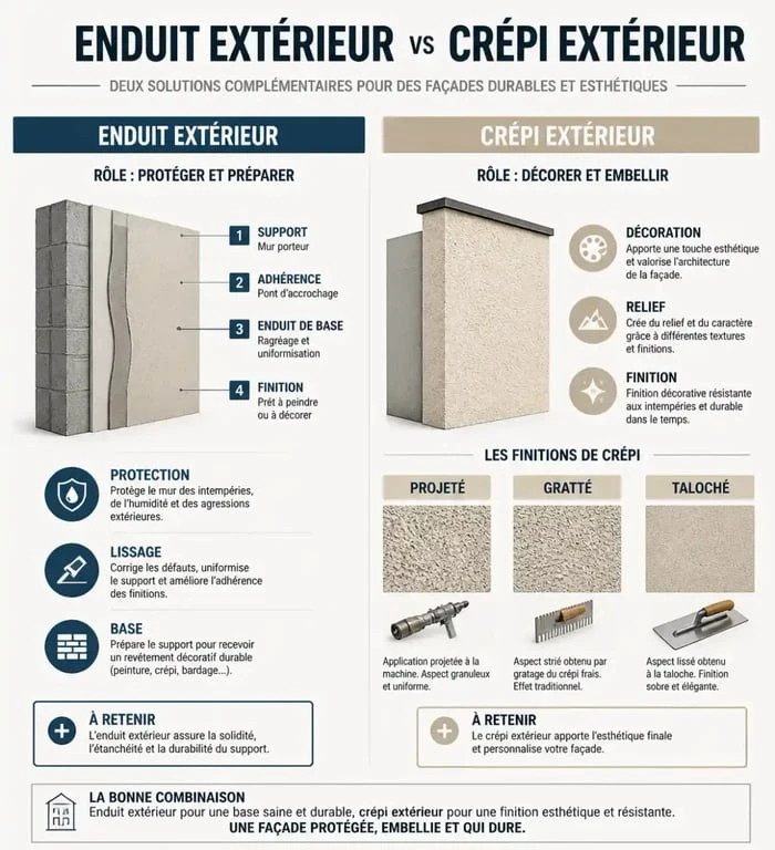 Comparatif visuel entre crépi ou enduit extérieur : différences, finitions et usages pour façade