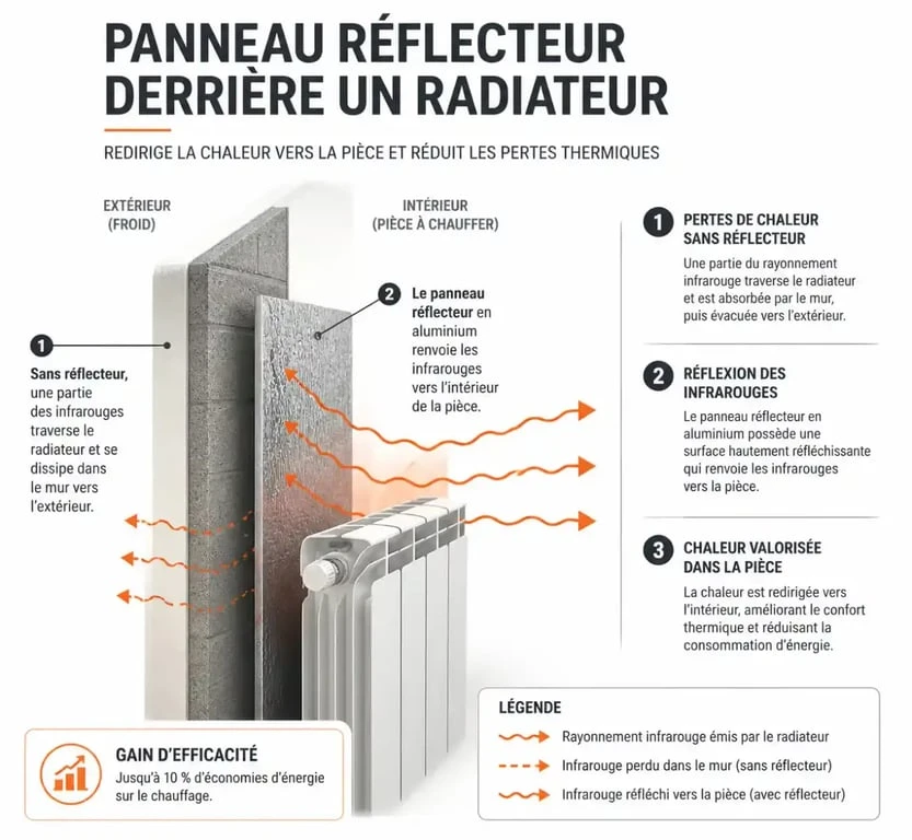 Schéma de fonctionnement d'un panneau réflecteur de radiateur pour limiter les pertes de chaleur