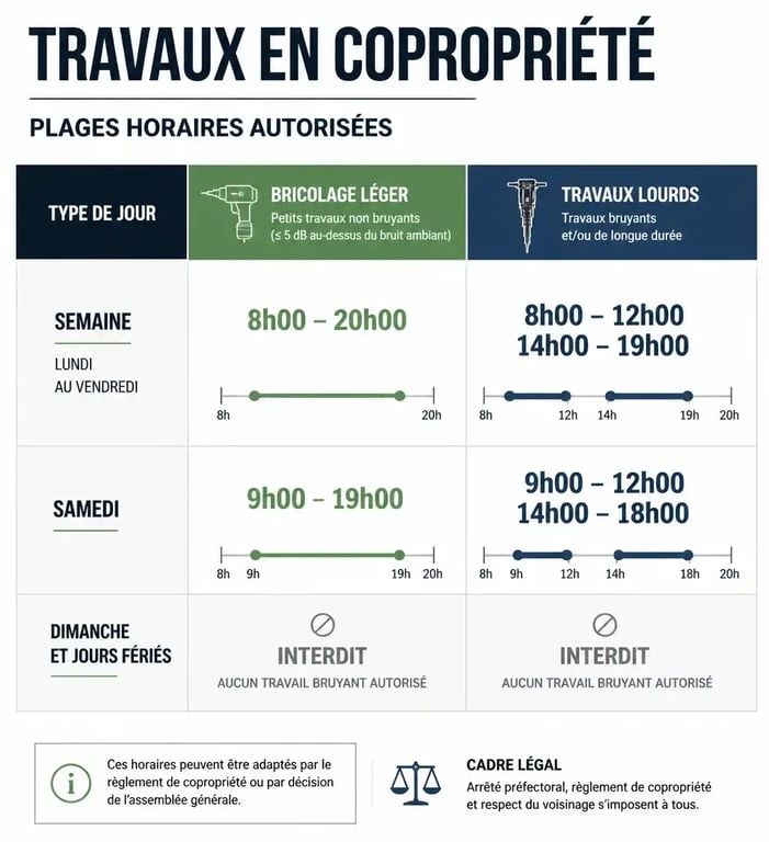 Tableau récapitulatif des horaires autorisés pour effectuer des travaux en copropriété