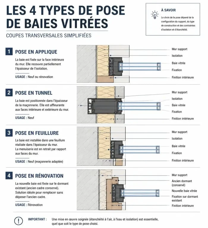 Schéma explicatif des différentes techniques d'installation de baie vitrée
