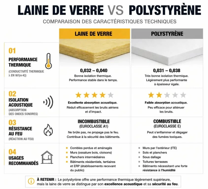 Infographie comparative isolation laine de verre ou polystyrène