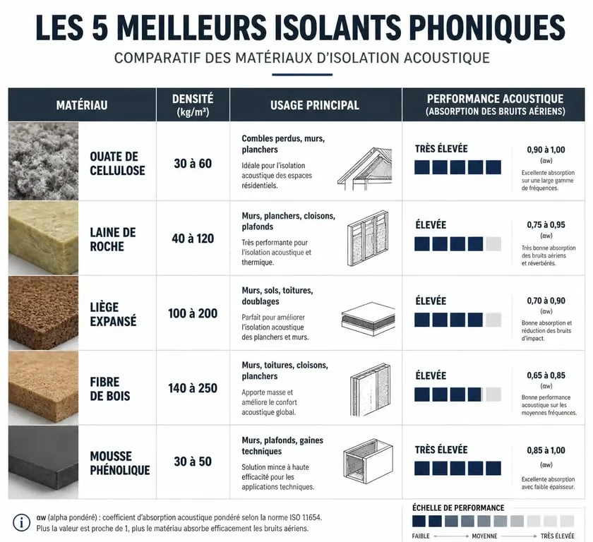 Tableau comparatif des meilleurs isolants phoniques pour choisir le matériau adapté à votre isolation acoustique