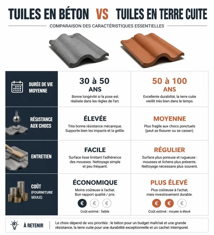 Comparatif durée de vie et caractéristiques : tuile béton vs terre cuite