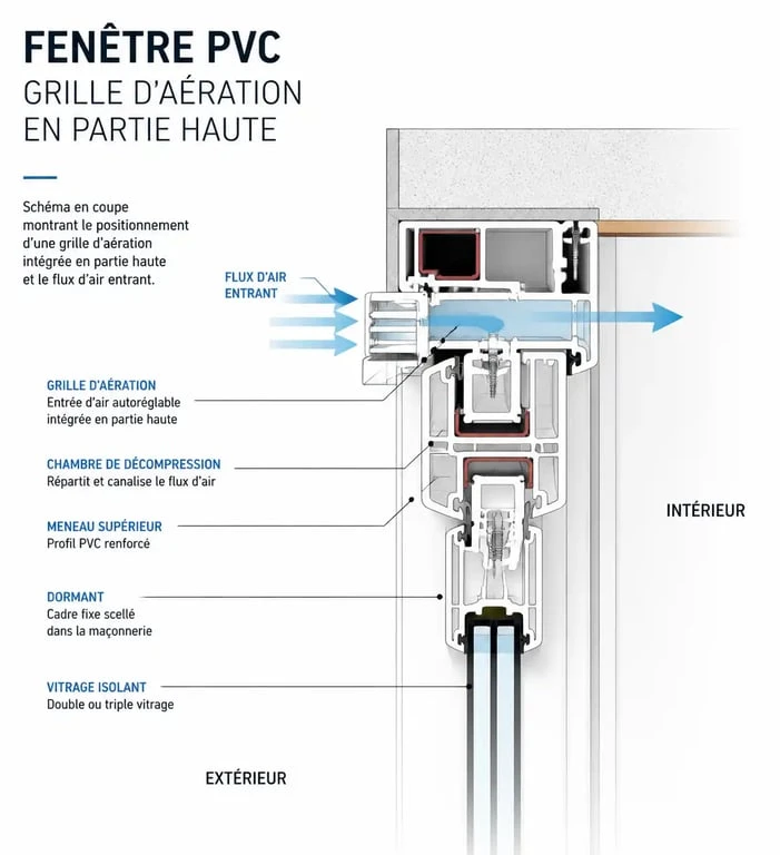 Schéma de fonctionnement d'une grille d'aération sur fenêtre PVC