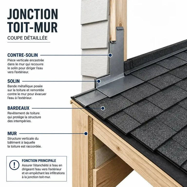 Schéma technique d'une jonction toit mur avec solin et contre-solin pour une étanchéité optimale