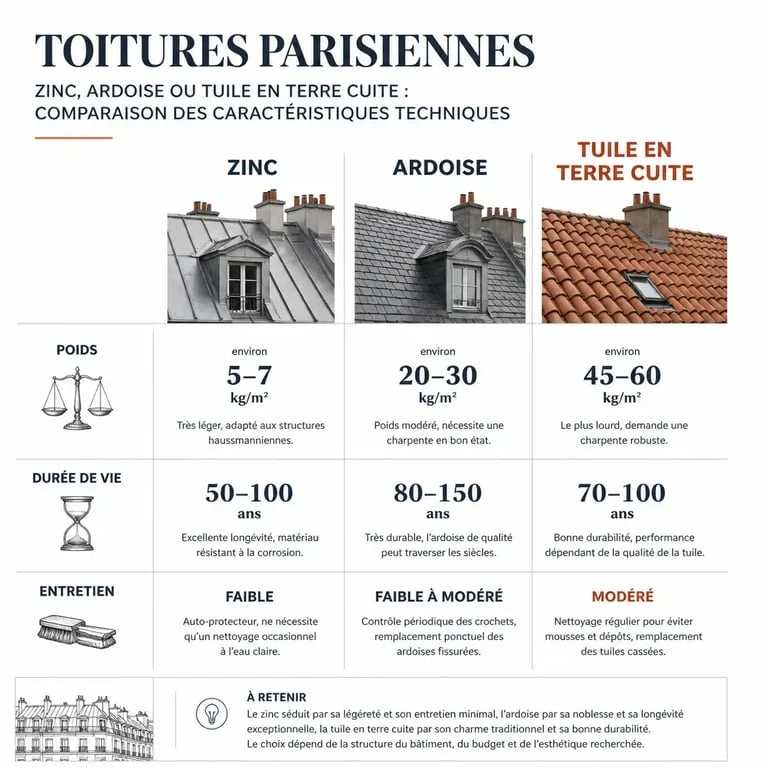 Comparatif des caractéristiques techniques des toitures en zinc, ardoise et tuile à Paris