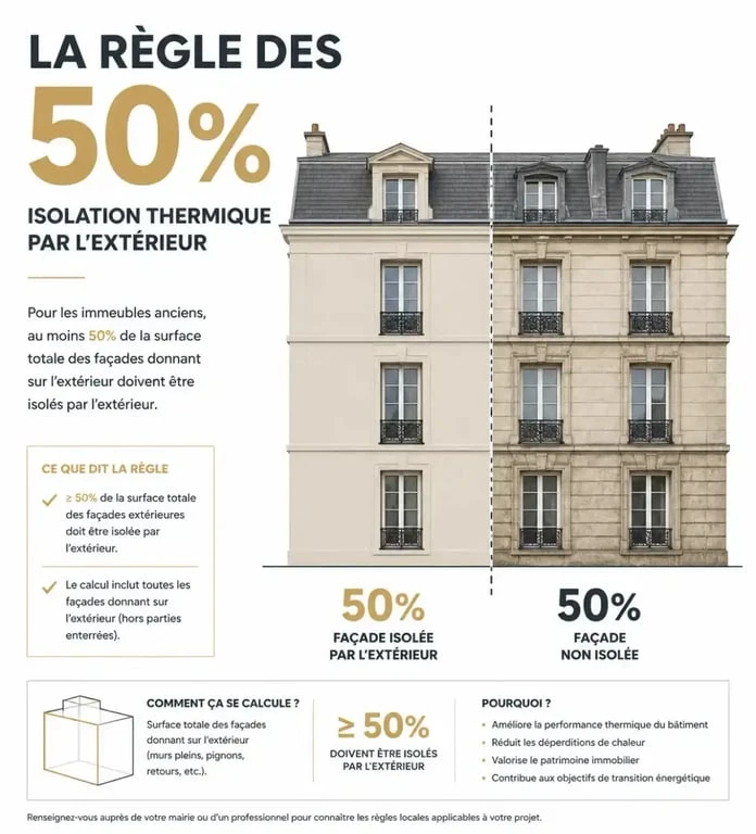 Schéma explicatif de la règle des 50% pour l'obligation d'isolation thermique par l'extérieur (ITE) sur un immeuble ancien