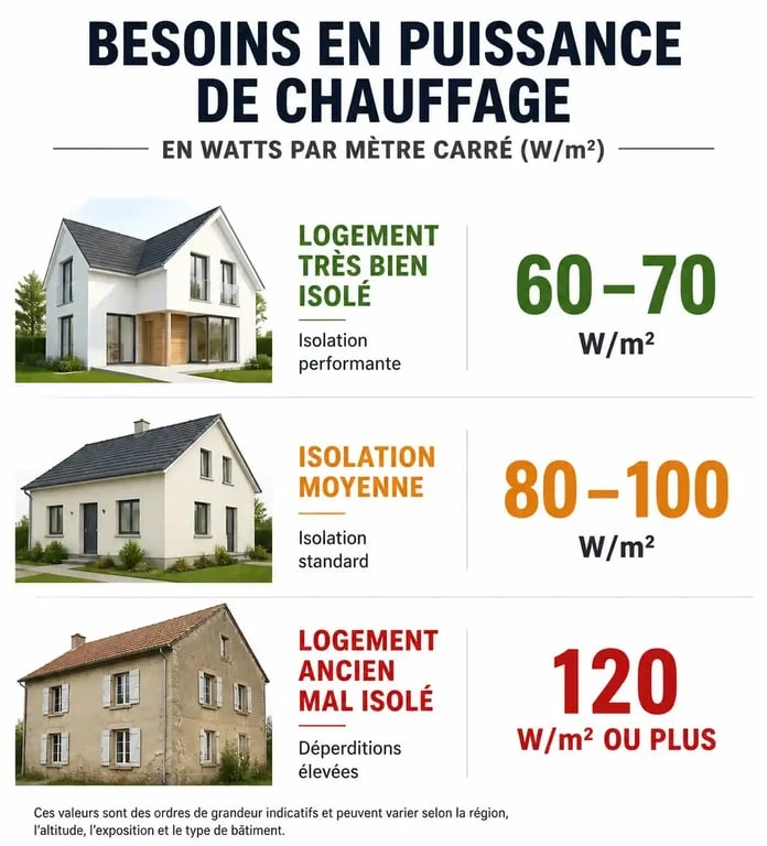 Infographie des besoins en puissance de radiateur par m2 selon l'isolation du logement