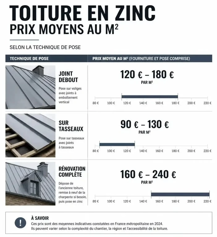 Infographie comparative des prix au m² pour une toiture en zinc : joint debout, tasseaux et rénovation