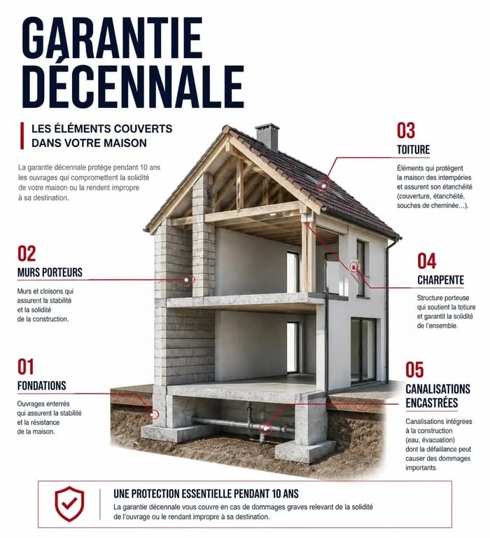 Schéma des éléments couverts par la garantie décennale pour vos travaux