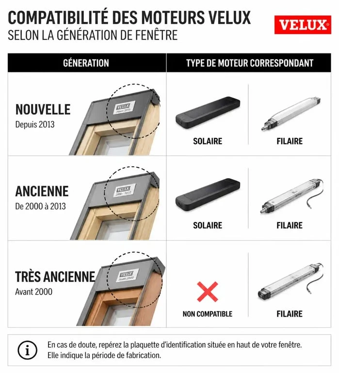 Tableau de compatibilité des moteurs électriques pour fenêtres de toit Velux selon la génération du modèle.
