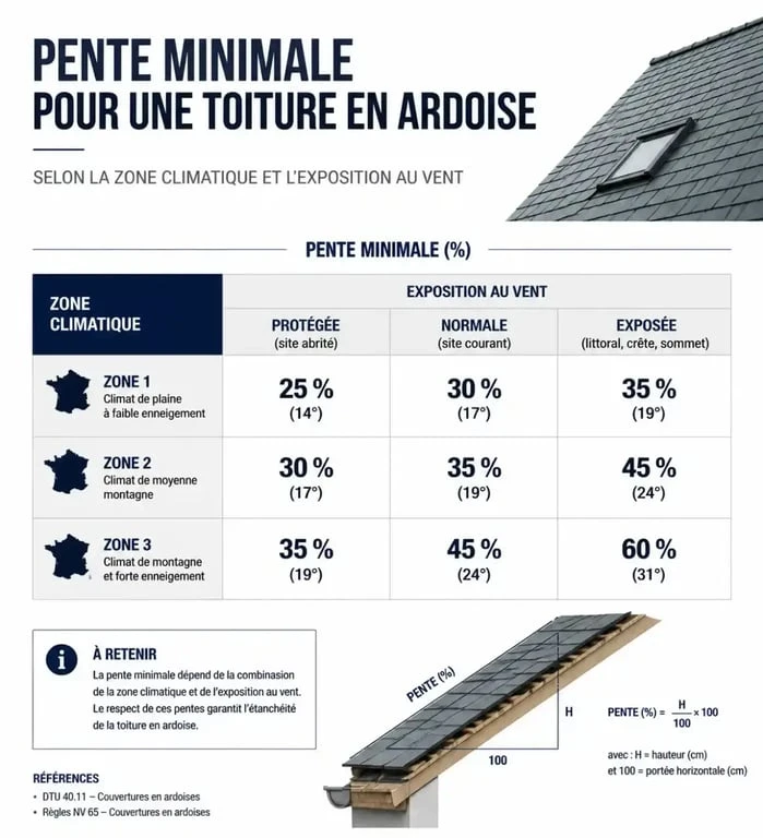 Infographie des règles de pente minimale pour toiture en ardoise selon le DTU 40.11