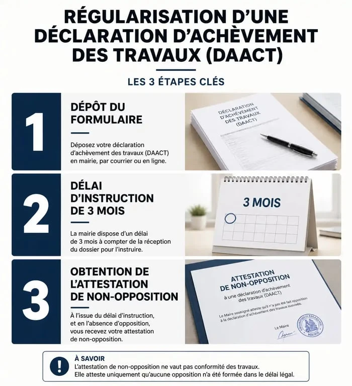 Schéma des étapes pour régulariser un oubli de déclaration d'achèvement des travaux DAACT