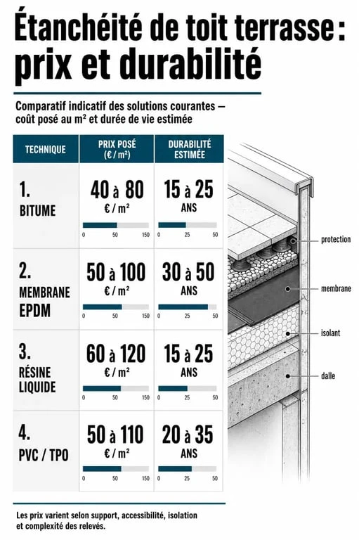 Comparatif des prix au m2 et durabilité des techniques d'étanchéité pour toit terrasse