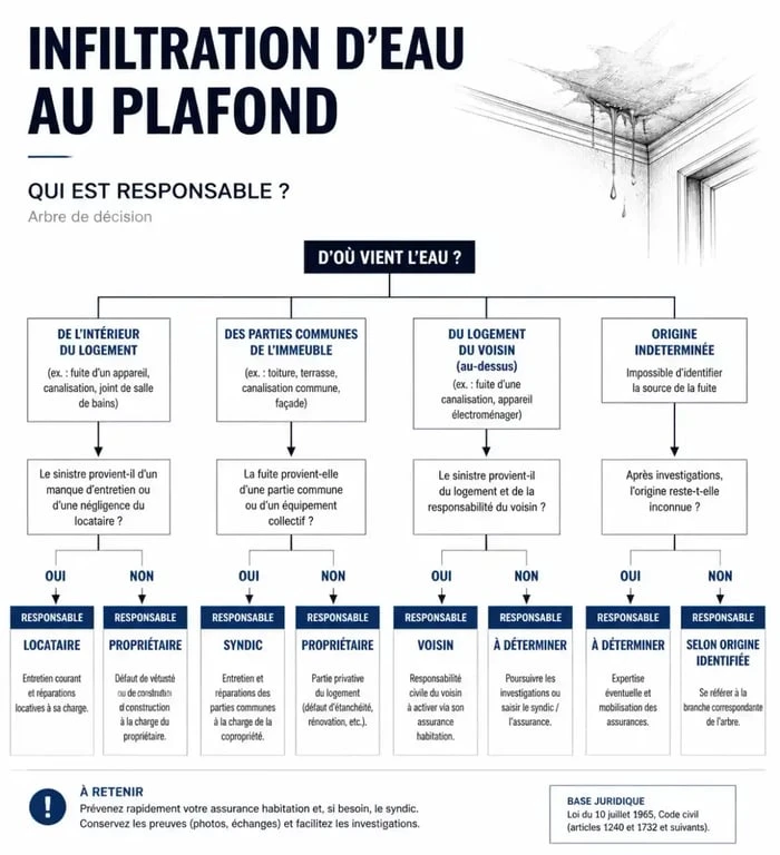 Infographie des responsabilités en cas d'infiltration d'eau au plafond