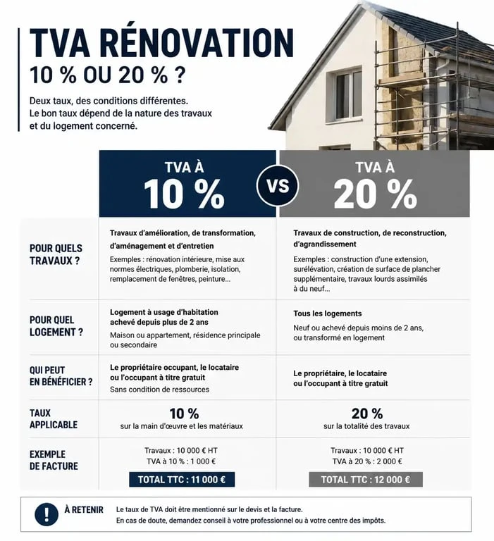 Infographie des taux de TVA 10% ou 20% pour travaux de rénovation