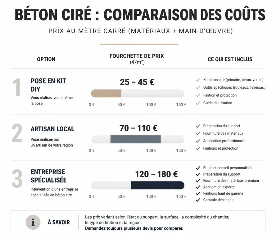 Comparatif des prix du béton ciré au m² : kit DIY vs artisan vs entreprise spécialisée