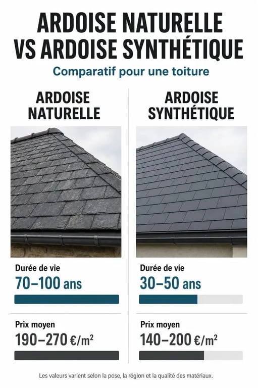 Comparatif prix et durée de vie pour un projet de toit en ardoise prix au m2 naturelle vs synthétique