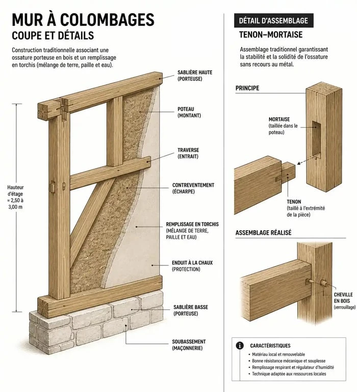 Schéma explicatif de la structure d'une maison à colombages avec ses éléments d'ossature et de remplissage
