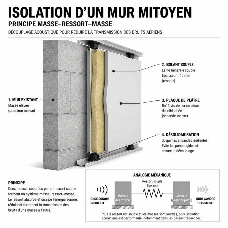 Schéma du principe masse-ressort-masse pour isoler phoniquement un mur mitoyen