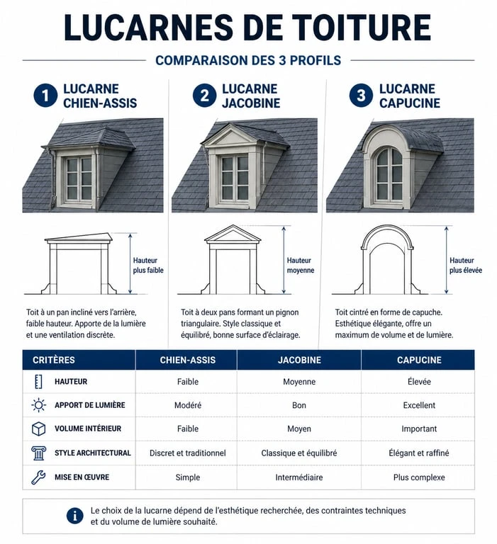 Comparatif des différents types de lucarnes pour maison : chien-assis, jacobine et capucine