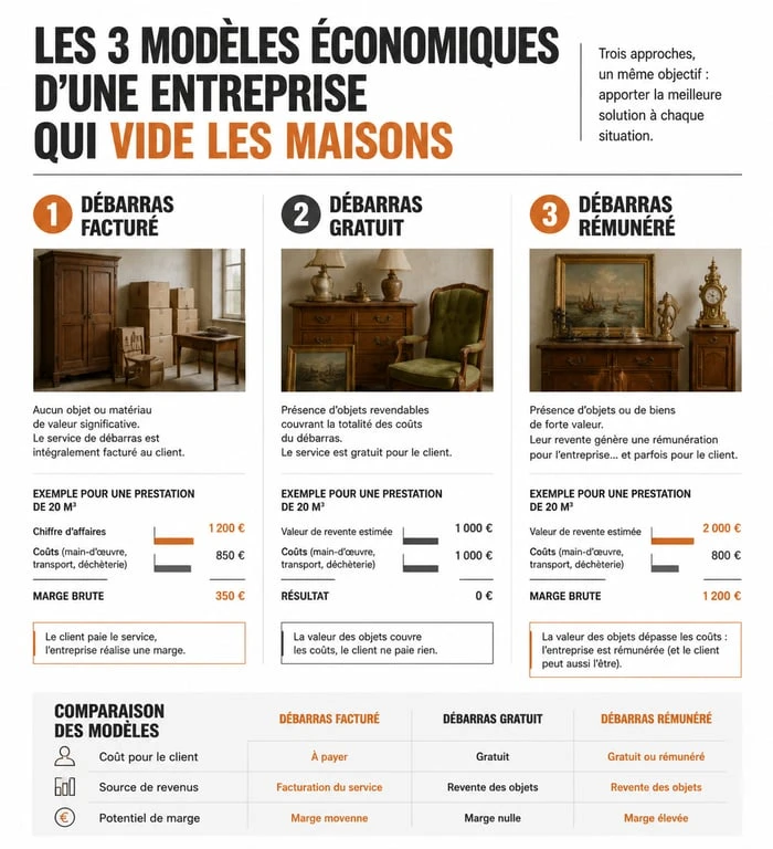 Infographie des trois modèles économiques pour une entreprise qui vide les maisons : facturé, gratuit ou rémunéré.