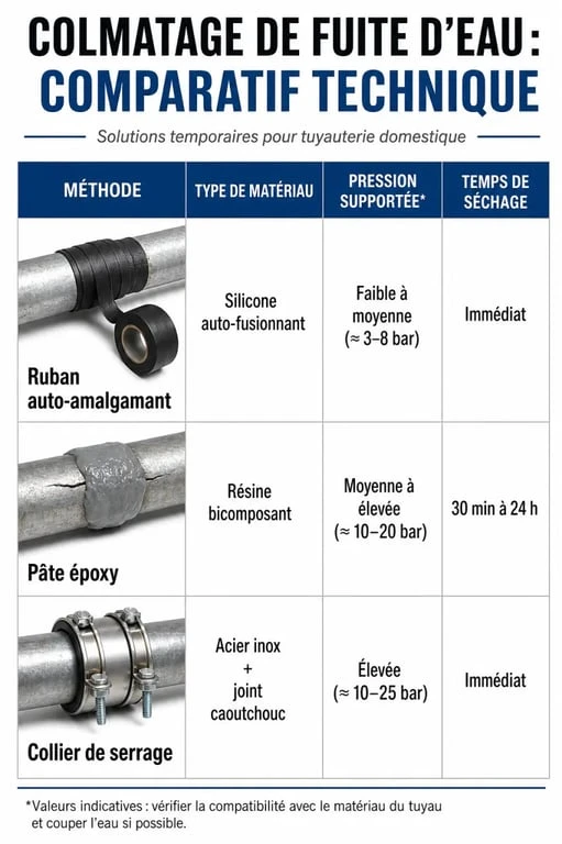Tableau comparatif des solutions pour colmater une fuite d'eau sous pression