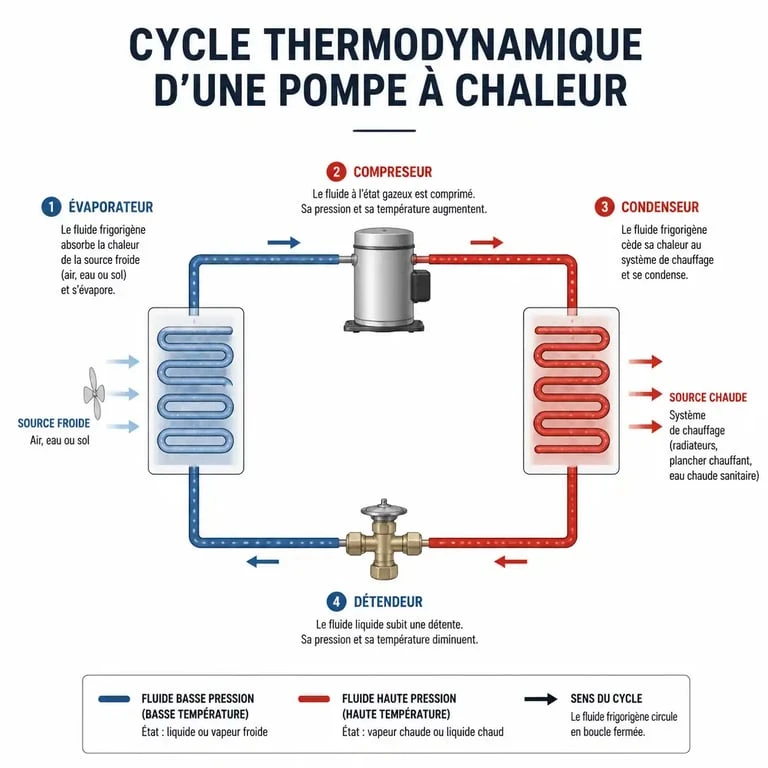 Schéma du fonctionnement d'une pompe a chaleur comment ça marche : cycle thermodynamique
