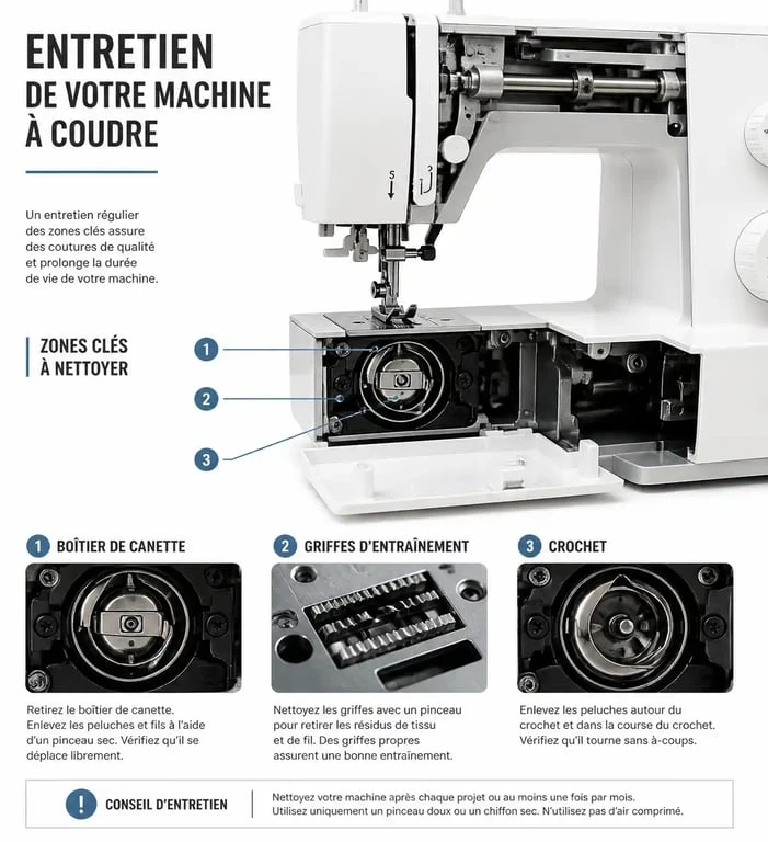 Schéma des points clés pour l'entretien d'une machine à coudre