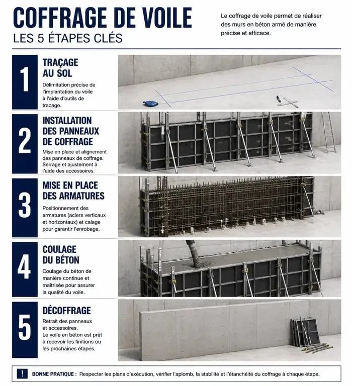 Infographie des étapes de réalisation d'un coffrage de mur en béton